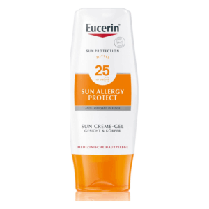 Eucerin Sonnencreme-Gel mit Lichtschutzfaktor 25, zur Hautpflege bei Sonnenallergie, in einer weißen Flasche mit orangefarbenem Etikett.