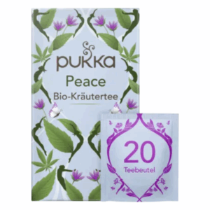 Packung mit Pukka Peace Bio-Kräutertee, verziert mit Pflanzenmotiven und einem Teebeutel mit 20 Stück.