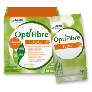 Verpackung von OptiFibre Flora, einem pflanzlichen Ballaststoffprodukt in einer 50g Box mit Einzelportionen.