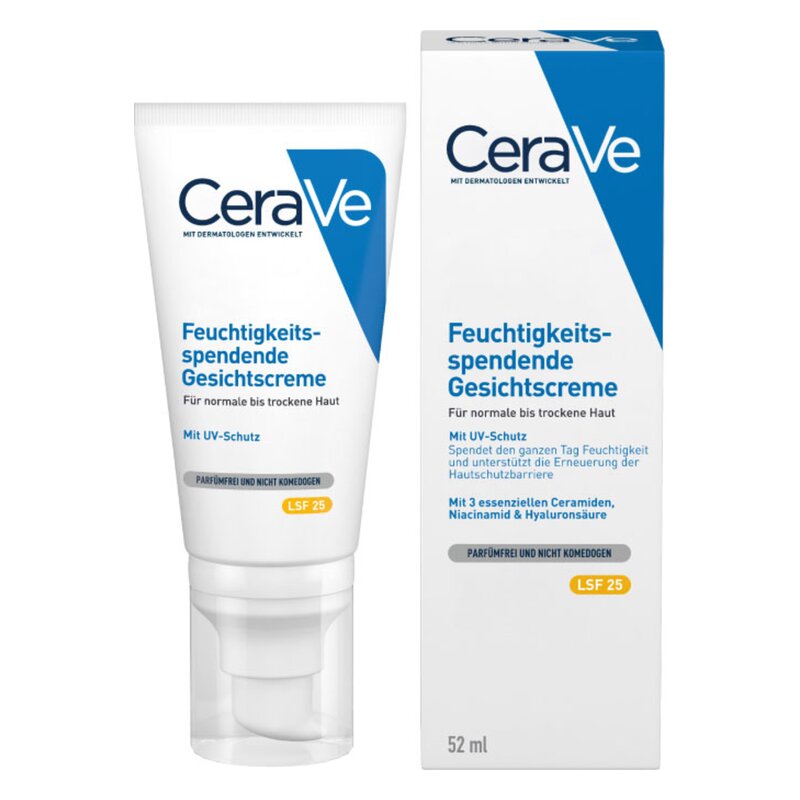 CeraVe Feuchtigkeitscreme in einer Tube mit Pumpspender, verpackt in einer blauen und weißen Schachtel, LSF 25.