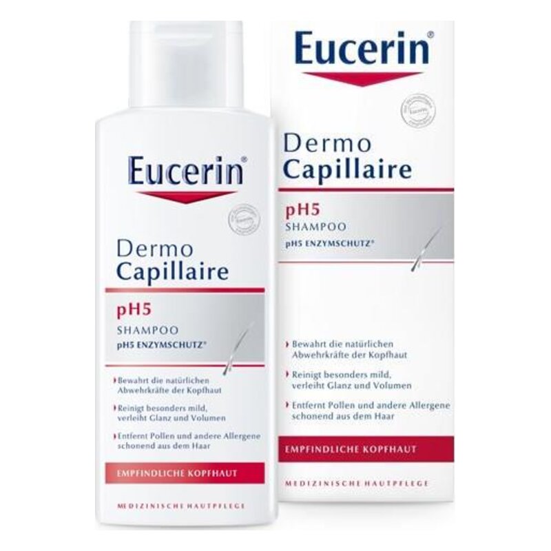 Eucerin Dermo Capillaire pH5 Shampoo in Flasche und Umverpackung, speziell für empfindliche Kopfhaut.
