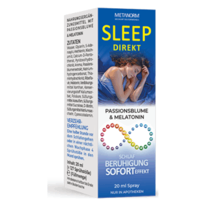 Verpackung eines Schlafsprays mit Passionsblume und Melatonin, Empfehlungen zur Anwendung sind aufgeführt.