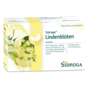 Verpackung von Sidroga Lindenblüten Arzneitee, zeigt einen gelben Hintergrund und Blütenillustrationen.