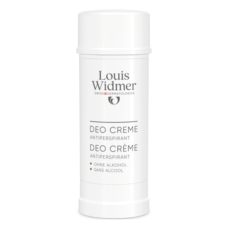 Weiße Deo-Creme von Louis Widmer in einem Stiftformat, ohne Alkohol, mit klarer Beschriftung.
