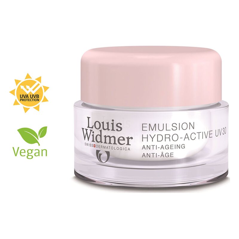 Glasbehälter mit Pinkem Deckel für Hydro-Active UV 30 Emulsion von Louis Widmer, vegan und mit UV Schutz.