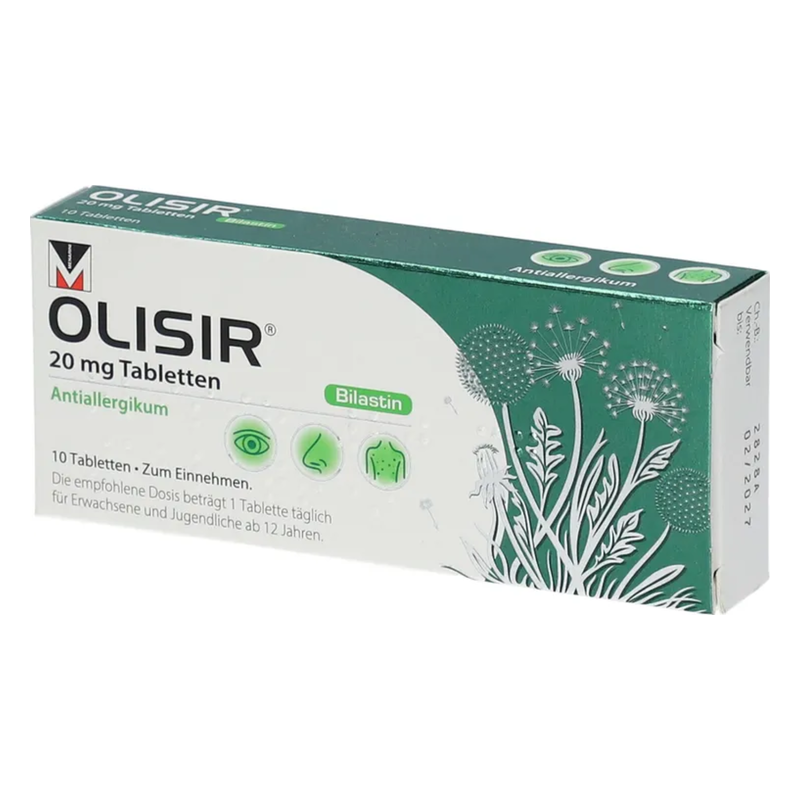 Verpackung von Olisir Antiallergikum mit 20 mg Bilastin, illustriert mit Pflanzenmotiven.