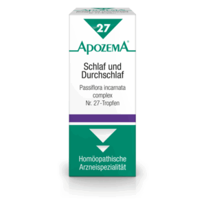 Verpackung von ApozeMa Nr. 27-Tropfen zur Förderung von Schlaf und Durchschlaf, in Weiß und Grün mit lila Streifen.