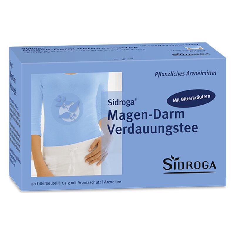 Verpackung von Sidroga Magen-Darm Verdauungstee in blauer Box mit 20 Filterbeuteln und Hinweis auf Bitterkräuter.