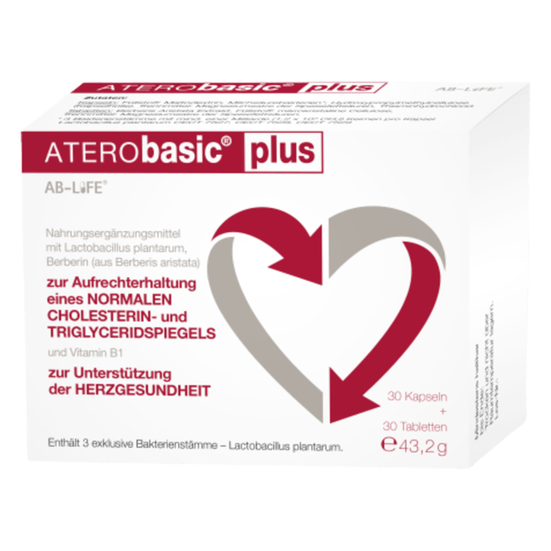 Packung von ATERObasic plus, einem Nahrungsergänzungsmittel zur Unterstützung der Herzgesundheit mit Kapseln und Tabletten.