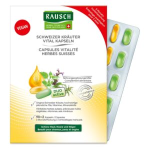 Verpackung der Schweizer Kräuter Vital Kapseln von Rausch mit grünen und gelben Kapseln im Blister, vegan, unterstützt Haut, Haare und Nägel.
