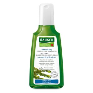 Flasche Rausch Meerestang Fett-Stopp Shampoo mit grünem Deckel und weißem Etikett, enthält pflanzliche Inhaltsstoffe.