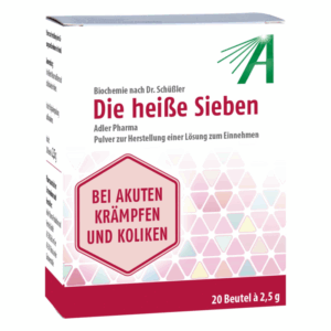 Verpackung von 'Die heiße Sieben', einem pulverförmigen Heilmittel zur Herstellung einer Lösung gegen Krämpfe und Koliken.