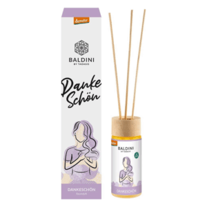 Raumduft von Baldini in gelber Flasche mit Holzverschluss und Duftstäbchen, verpackt in einer bunten Schachtel mit "Danke Schön".