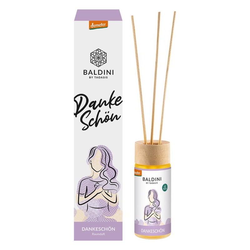 Raumduft von Baldini in gelber Flasche mit Holzverschluss und Duftstäbchen, verpackt in einer bunten Schachtel mit "Danke Schön".