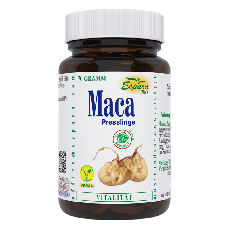 Braunes Glasgefäß mit Maca Presslingen, 70 Gramm, von Espira Bio, mit Bio-Siegel und veganem Hinweis.