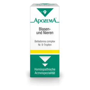 Verpackung für ein homöopathisches Produkt zur Unterstützung von Blase und Nieren, mit klaren Designelementen und Anwendungshinweisen.