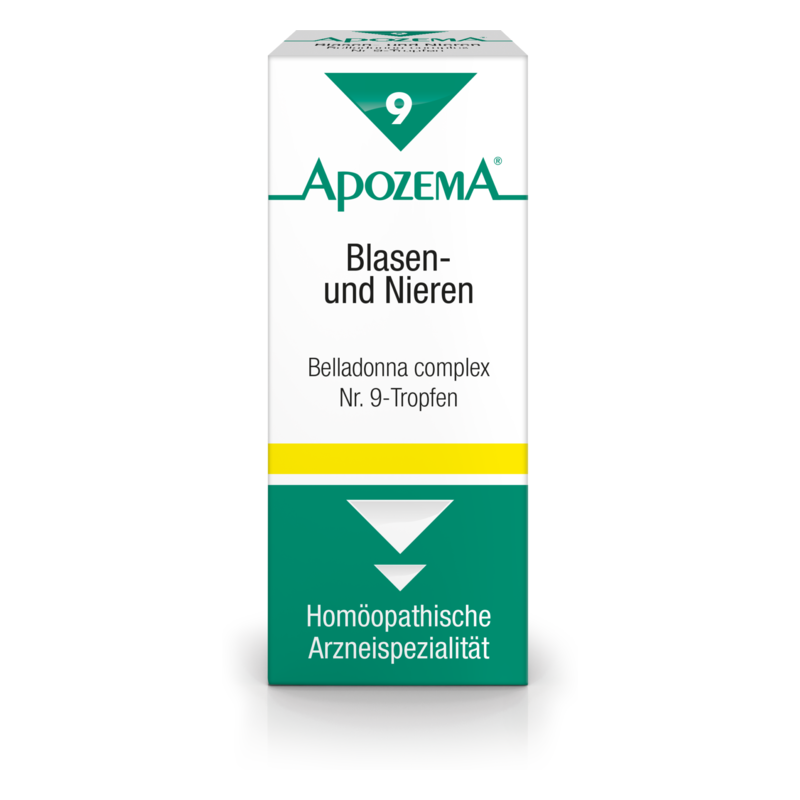 Verpackung für ein homöopathisches Produkt zur Unterstützung von Blase und Nieren, mit klaren Designelementen und Anwendungshinweisen.