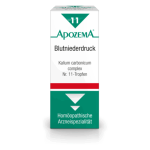 Verpackung von ApozemA Blutniederdruck mit Hinweis auf Kalium carbonicum und homöopathische Spezialität.