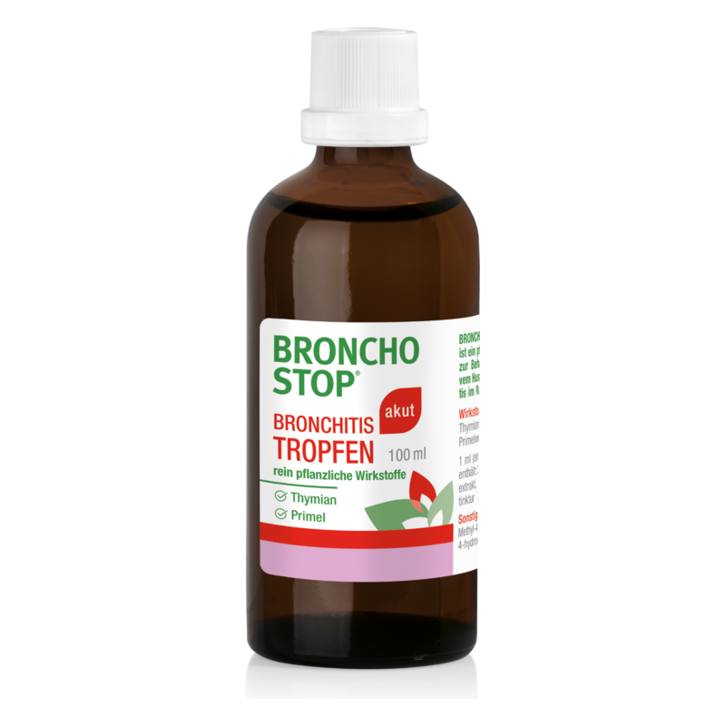Braune Flasche mit weißem Verschluss, etikettiert mit "Broncho Stop Bronchitis Tropfen", enthält pflanzliche Wirkstoffe.