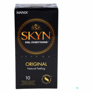 Schachtel mit SKYN Original Kondomen in schwarzer Verpackung, die auf die latexfreie Beschaffenheit hinweist.