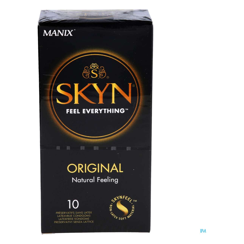 Schachtel mit SKYN Original Kondomen in schwarzer Verpackung, die auf die latexfreie Beschaffenheit hinweist.