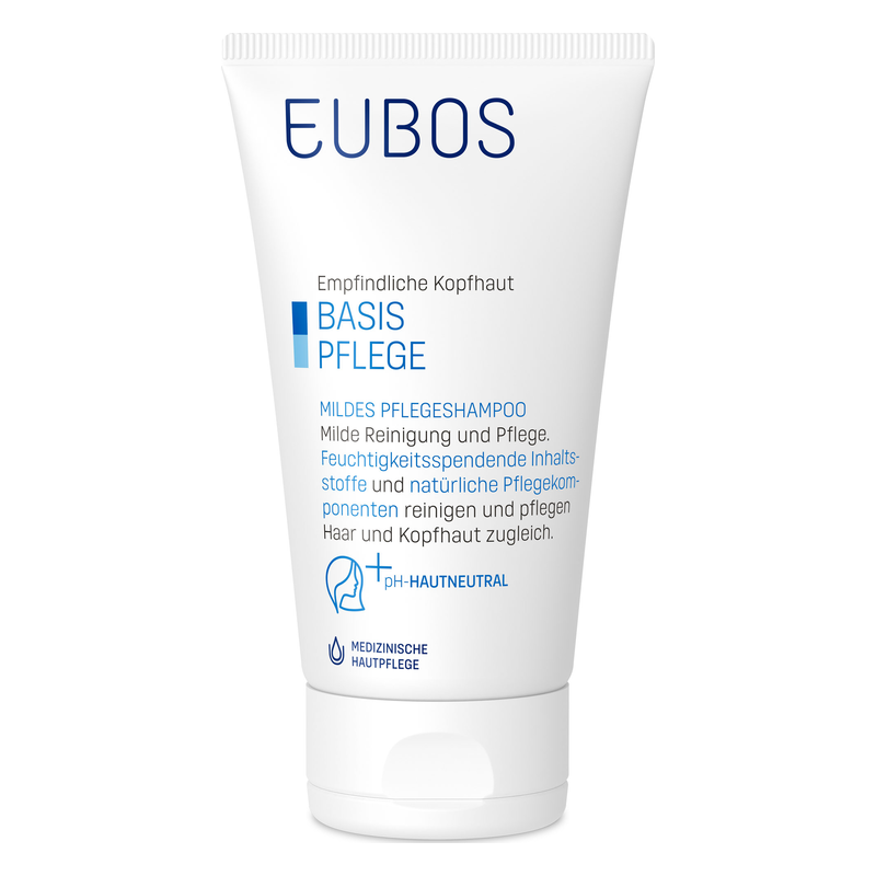 Tube mit mildem Pflegeshampoo für empfindliche Kopfhaut, betont feuchtigkeitsspendende Inhaltsstoffe.