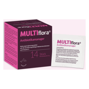 Verpackung des Produkts MULTIf flora Antibiotikamanager, enthält Portionsbeutel mit probiotischen Bakterienstämmen und Vitamin C.