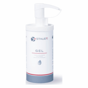 Pumpflasche mit transparentem Gel von Staudt, beigefügtem Etikett und grauem Boden.