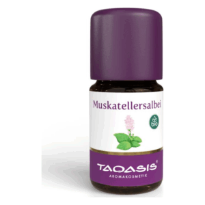 Braune Glasflasche mit lila Kappe, etikettiert mit 'Muskotellersalbei' und Bio-Symbol.