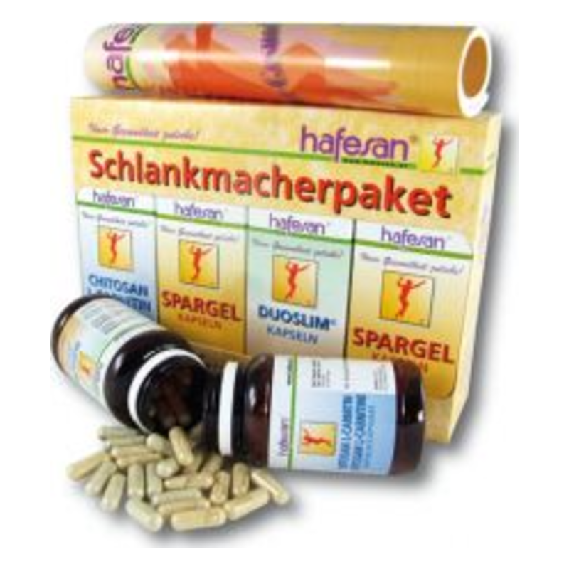 Verschiedene Nahrungsergänzungsmittel des Hafesan Schlankmacherpakets in einer Verpackung mit Kapseln und einer Tube.