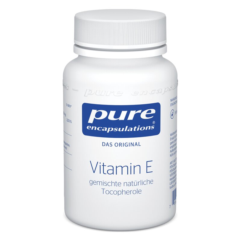 Flasche mit Vitamin E von Pure Encapsulations, mit blauem Logo und weißen Etikett, auch in deutscher Sprache.