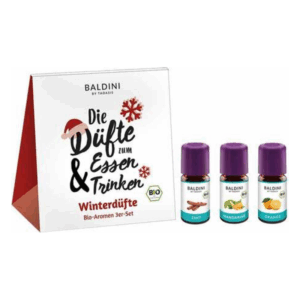 Winterdüfte Bio-Aromen Set in einer aufstellbaren Verpackung mit Zimt, Mandarine und Orange.