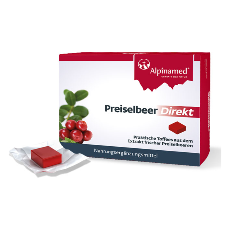 Verpackung von Preiselbeer-Direkt-Toffees mit frischen Preiselbeeren und einem roten Bonbon darin.