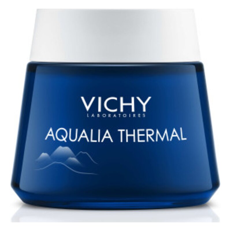 Blaues Cremetöpfchen mit weißem Deckel und dem Schriftzug "VICHY AQUALIA THERMAL" auf der Vorderseite.