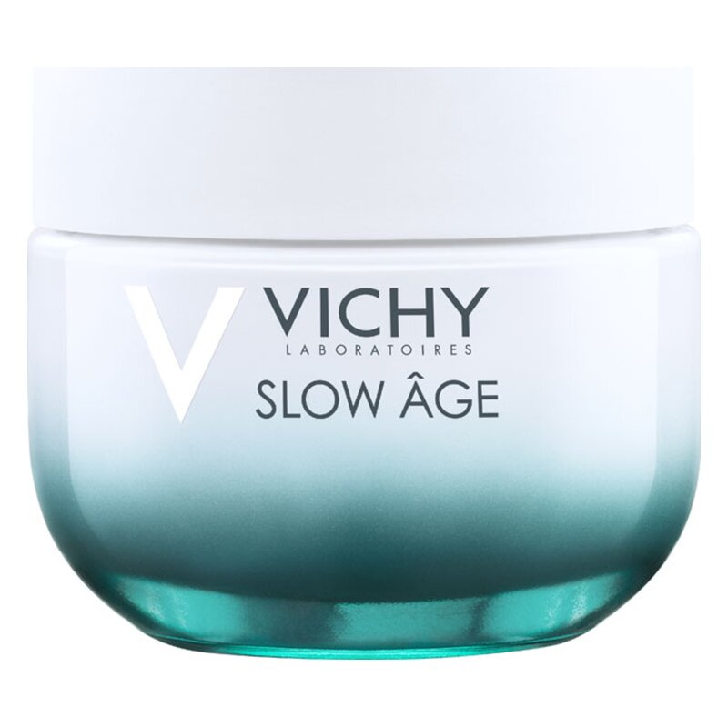 Gesichtscreme von Vichy in einem gläsernen Tiegel mit blassblauem Farbverlauf und weißem Deckel.