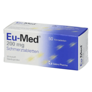 Verpackung von Eu-Med 200 mg Schmerztabletten, 50 Filmtabletten, mit Hinweis auf den Wirkstoff Dexibuprofen.