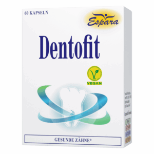 Verpackung von Dentofit Kapseln für gesunde Zähne, vegan und mit Gütesiegel, 60 Kapseln.