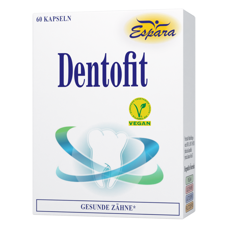 Verpackung von Dentofit Kapseln für gesunde Zähne, vegan und mit Gütesiegel, 60 Kapseln.