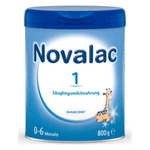 Blauer Behälter mit Deckel, enthält Novalac 1 Säuglingsnahrung für 0-6 Monate und eine abgebildete Giraffe.