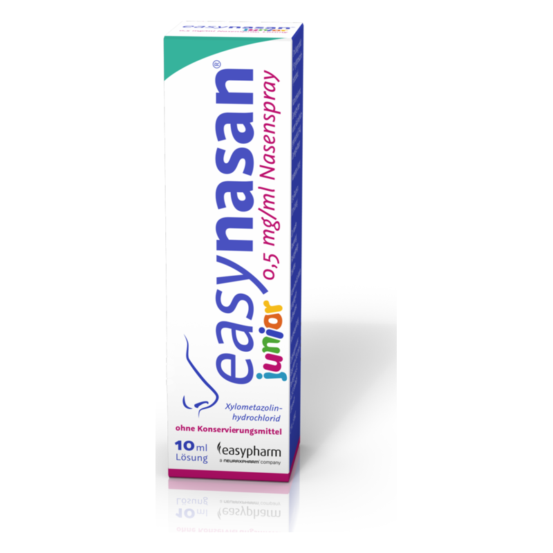 Nasenspray in einer farbenfrohen Umverpackung, mit der Aufschrift 'easynasan junior', 10 ml Lösung ohne Konservierungsmittel.