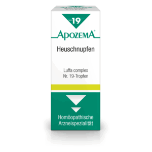 Kartonverpackung mit dem Aufdruck "ApozeMA Heuschnupfen" und "Luffa complex Nr. 19-Tropfen" in grüner und weißer Farbe.