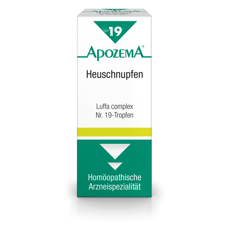 Kartonverpackung mit dem Aufdruck "ApozeMA Heuschnupfen" und "Luffa complex Nr. 19-Tropfen" in grüner und weißer Farbe.