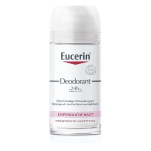 Roll-on-Deodorant von Eucerin in einer durchsichtigen Flasche mit deckel, für empfindliche Haut, 24h Wirkung.