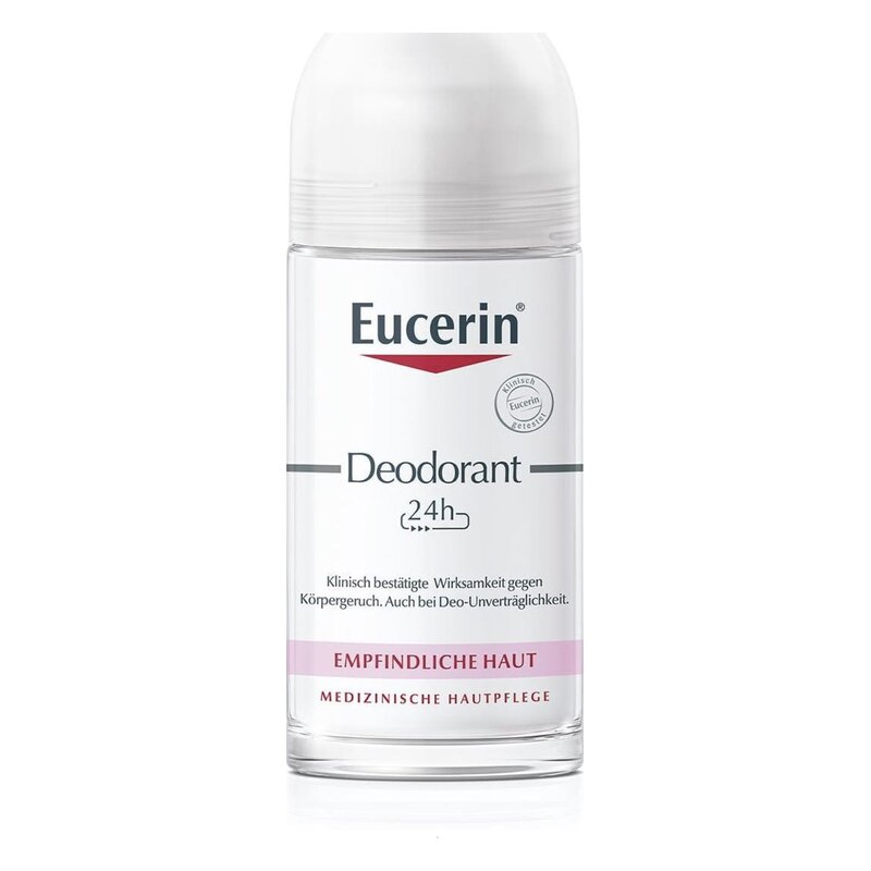 Roll-on-Deodorant von Eucerin in einer durchsichtigen Flasche mit deckel, für empfindliche Haut, 24h Wirkung.
