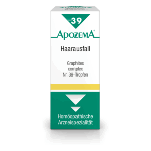 Verpackung von APOZEMA Haarverlust Tropfen Nr. 39, mit grüner Schrift und gelben Akzenten.