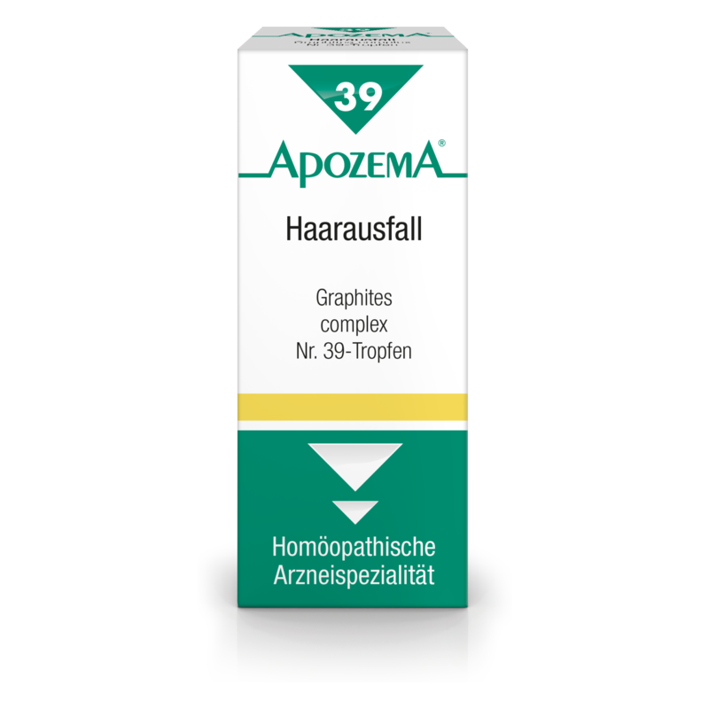 Verpackung von APOZEMA Haarverlust Tropfen Nr. 39, mit grüner Schrift und gelben Akzenten.