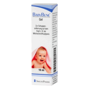 Verpackung von Babybene Gel zur Schuppenentfernung auf dem Kopf, abgebildet mit lächelndem Baby.