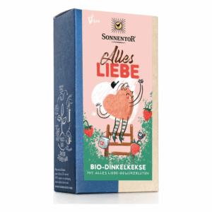Verpackung von Bio-Dinkelkeksen "Alles Liebe" mit illustriertem Herz und floralen Motiven, vegan und nachhaltig.