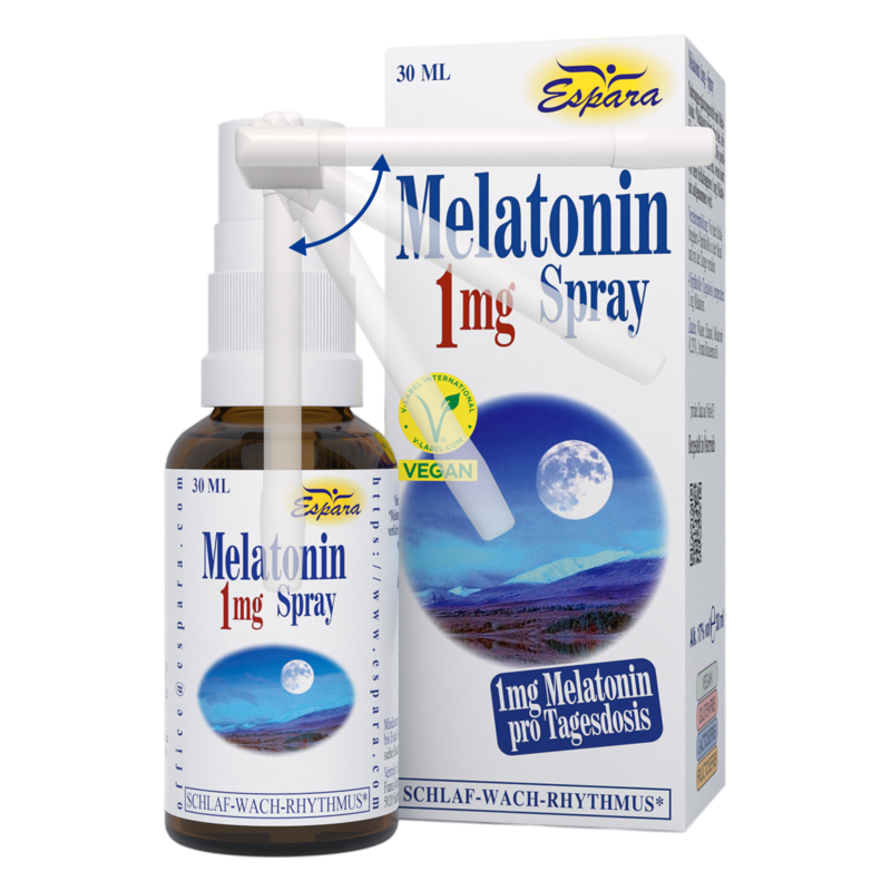 Braunes Fläschchen mit Melatonin-Spray (1 mg) und Verpackung, auf der eine Mondlandschaft abgebildet ist.