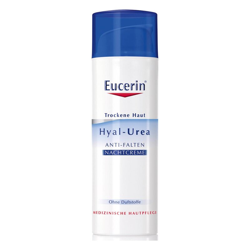 Eucerin Hyal-Urea Anti-Falten Nachtcreme in einer weißen Kunststoffflasche mit blauer Kappe, für trockene Haut.